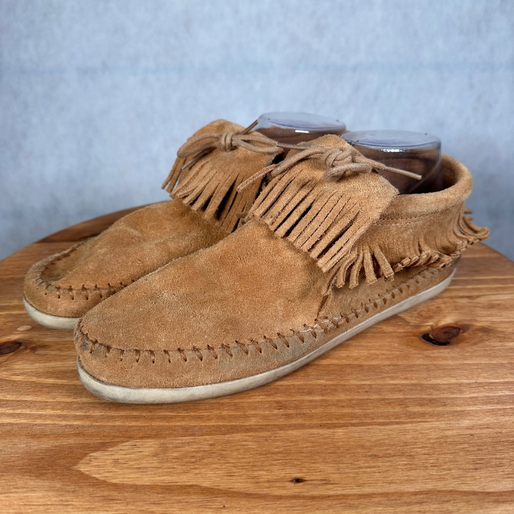Minnetonka Fringe Moccasin Boots Women Size 9 Tan Suede Good Condition 457